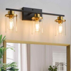 GoYeel 23.62" 3-Light Black/Gold Modern Bathroom Vanity Light w/ Cylinder Glass