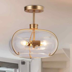 Zevni 3-Light Gold Semi-Flush Mount Ceiling Light with Clear Glass Globes