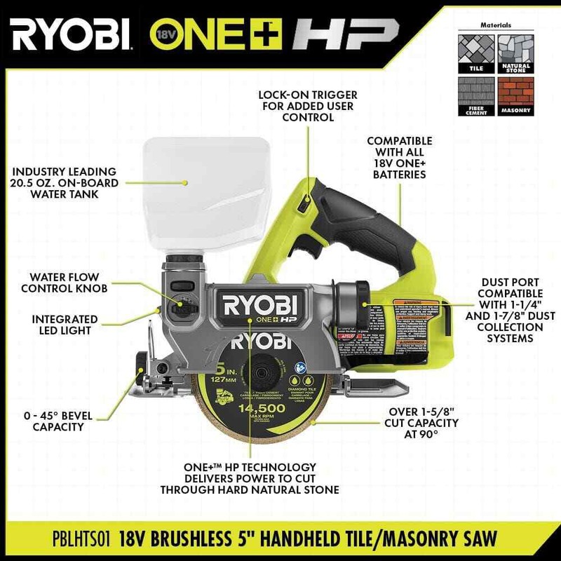 RYOBI ONE+ HP 18V Cordless Handheld Wet/Dry Masonry Tile Saw (Tool Only) - Image 3