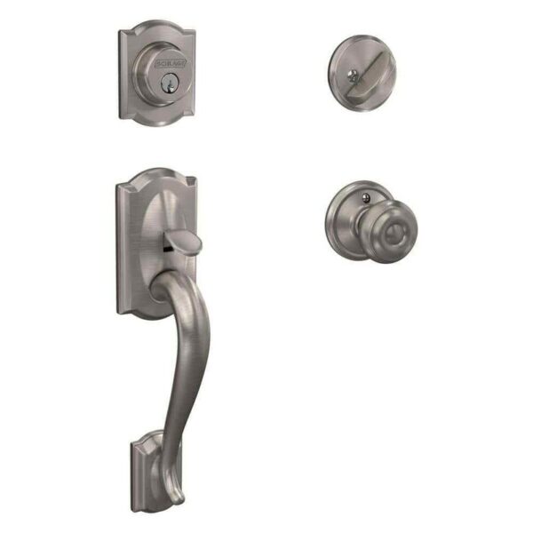 Schlage Camelot Satin Nickel Single Cylinder Door Handleset with Georgian Knob