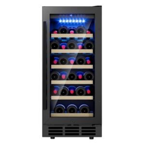 EUHOMY 15" Single Zone 30-Bottle Undercounter/ Freestanding Wine Cooler in Black