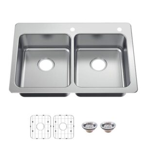 Glacier Bay Bratten 33 in Drop-In 50/50 Double Bowl 18-Gauge SS Kitchen Sink