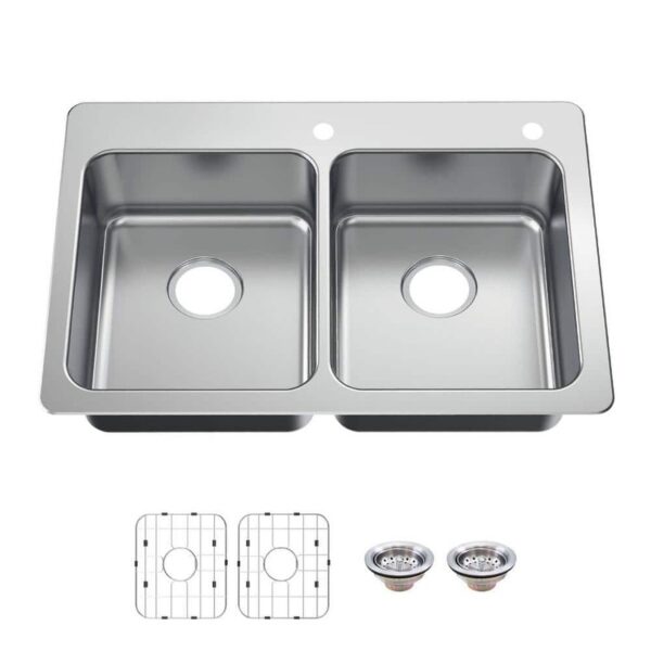 Glacier Bay Bratten 33 in Drop-In 50/50 Double Bowl 18-Gauge SS Kitchen Sink