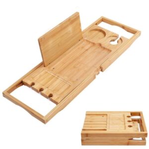 Numhew Expandable Bamboo Bathtub Caddy Tray Adjustable Tub Tray Book Tablet Wine