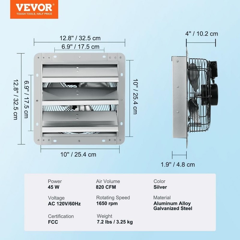 VEVOR 10 in Shutter Exhaust Fan 820 CFM Aluminum Wall Mount Vent Fan - Image 2
