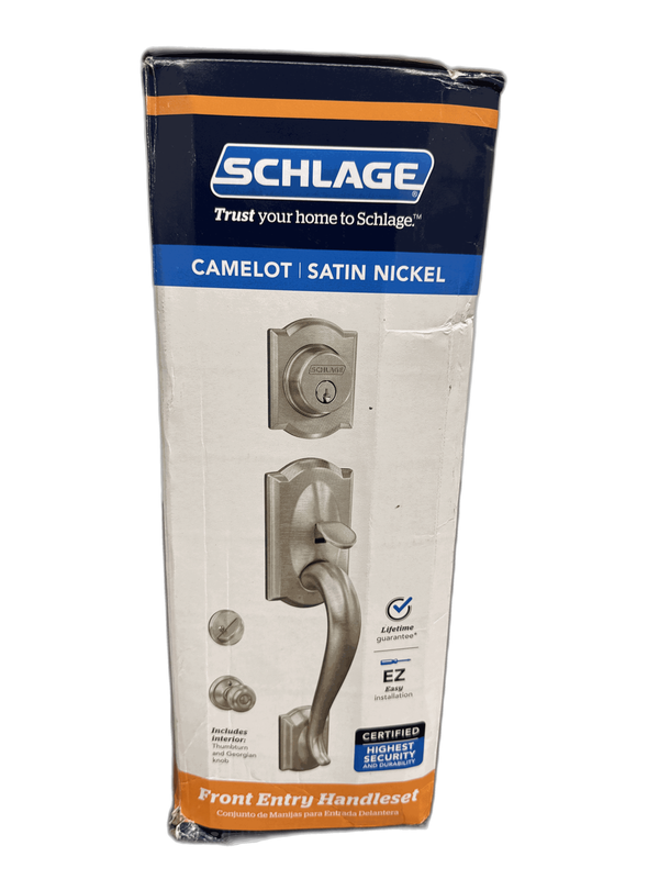 Schlage Camelot Satin Nickel Single Cylinder Door Handleset with Georgian Knob - Image 4