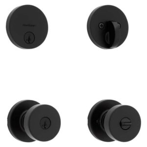 Kwikset Pismo Round Rose Matte Black Knob Door Combo Pack Featuring SmartKey