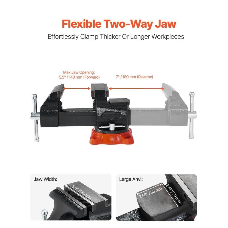 VEVOR Bench Vise 5.5 in. Jaw Width 5. 5in. Max Jaw Opening Product 360 Swivel - Image 3