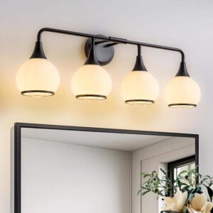 KAISITE 30" 4-Light Black Bathroom Vanity Light w/Milky White Globe Glass Shades