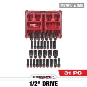Milwaukee SHOCKWAVE 1/2 in Drive Metric SAE Deep Impact Socket Set PACKOUT 31 Pc