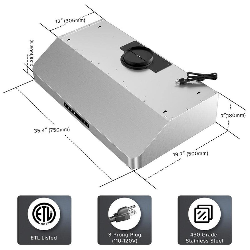VIKIO PRO 36" 600 CFM Ducted Under Cabinet Range Hood Stainless Steel Dual Motor - Image 10