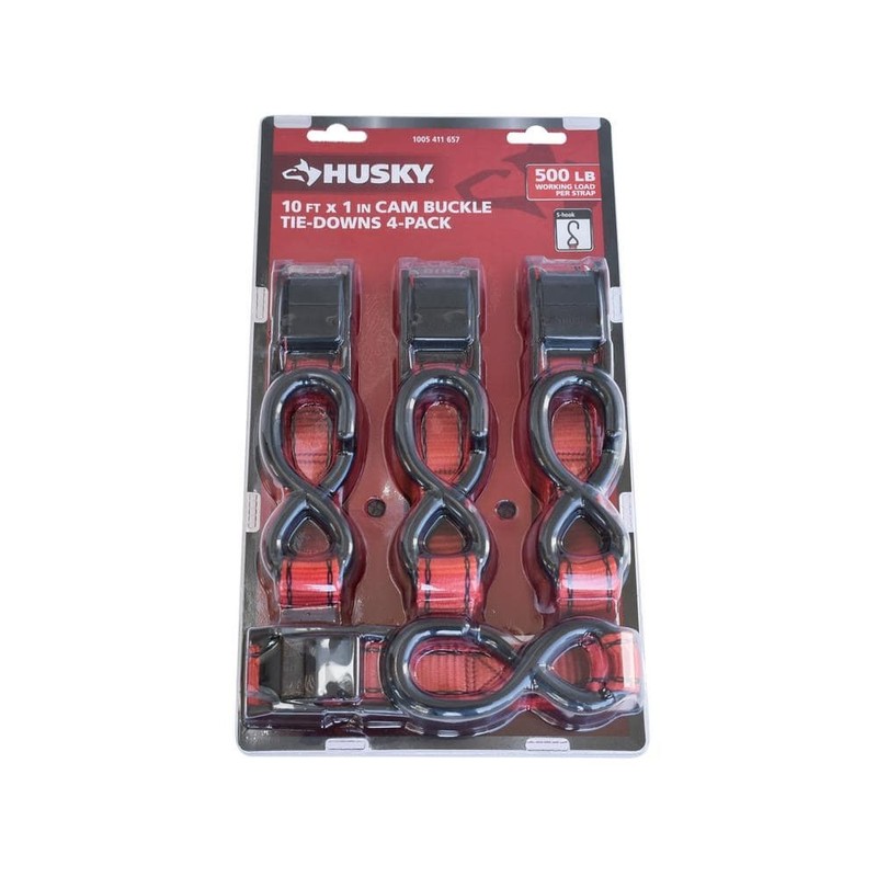 Husky 10 ft. x 1 in. Cam Buckle Tie-Down Straps with S-Hook (4-Pack)