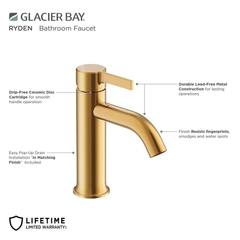 Glacier Bay Ryden Single Hole Single-Handle Bathroom Faucet in Brushed Gold - Image 7