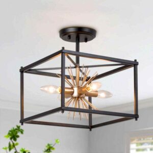 Uolfin Modern Transitional Semi-flush Mount, 4-Light Black and Gold Farmhouse