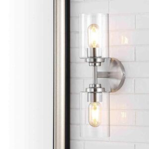 JONATHAN Y Giles 16 in. 2-Light Nickel Cylinder LED Wall Sconce Vanity Light