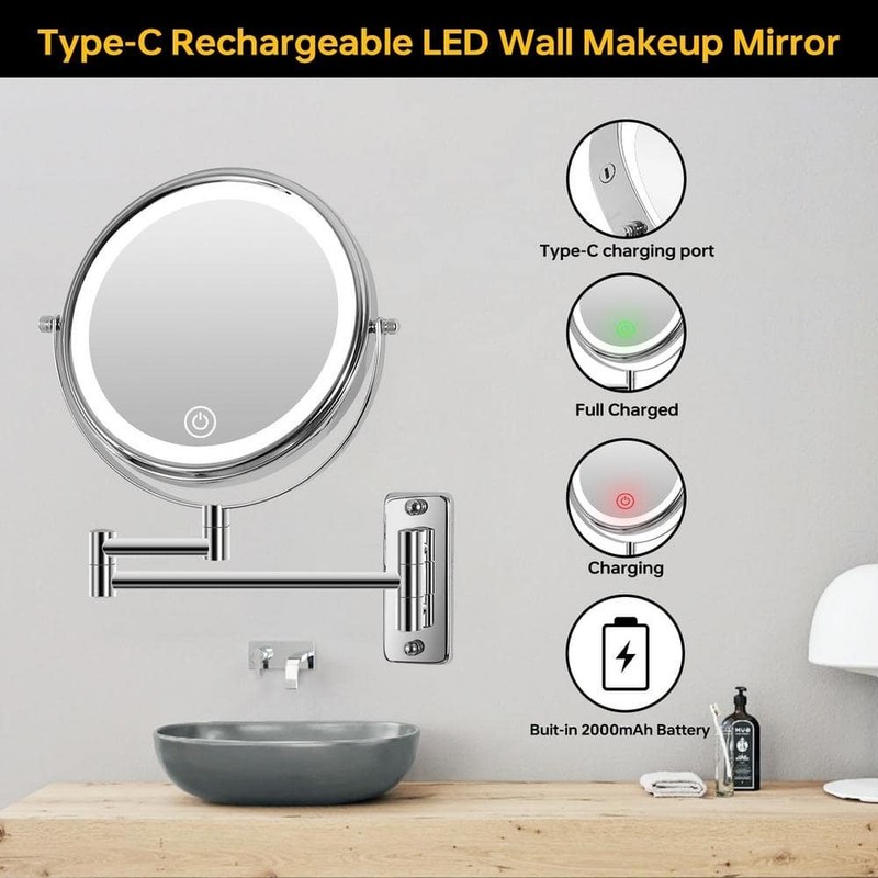 Tileon 8"x8" Small Round 10X Magnifying Bathroom Makeup Mirror w/Battery Type-C - Image 2