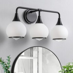 KAISITE 22.4" 3-Light Black Bathroom Vanity Light Milky White Globe Glass Shades
