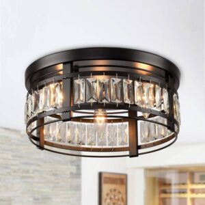 IHOMEadore 13.3" 3-Light Matte Black Modern Drum Crystal Flush Mount Light