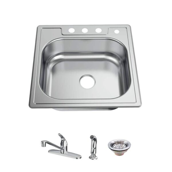 Glacier Bay 25in Drop-In Single Bowl 22 Gauge Stainless Steel Sink w/ Faucet