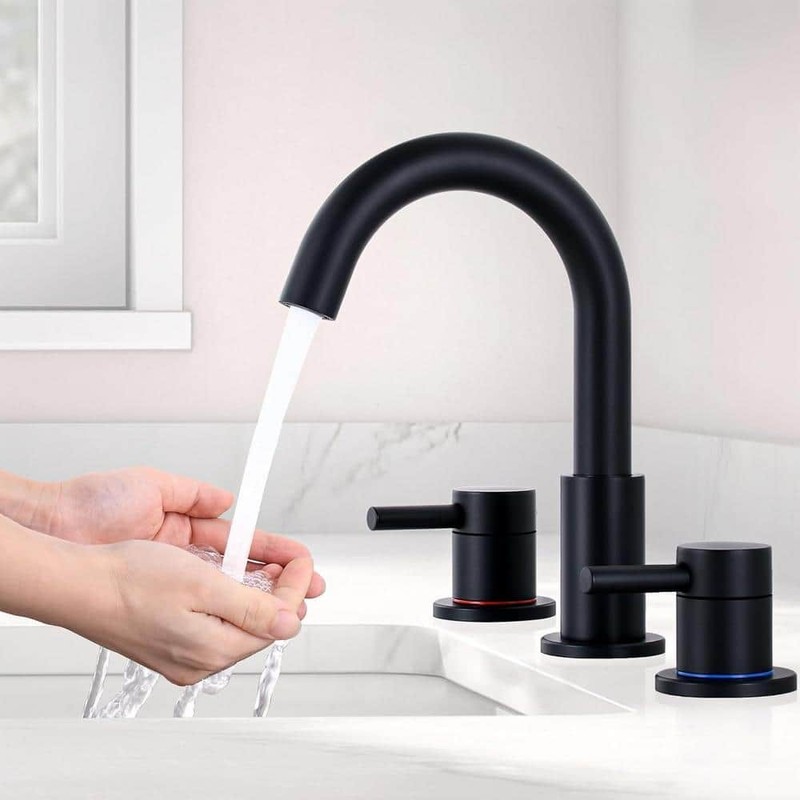AKLFGN 8 in. Widespread 2-Handle Low Arc Bathroom Faucet W/Pop drain Matte Black - Image 2