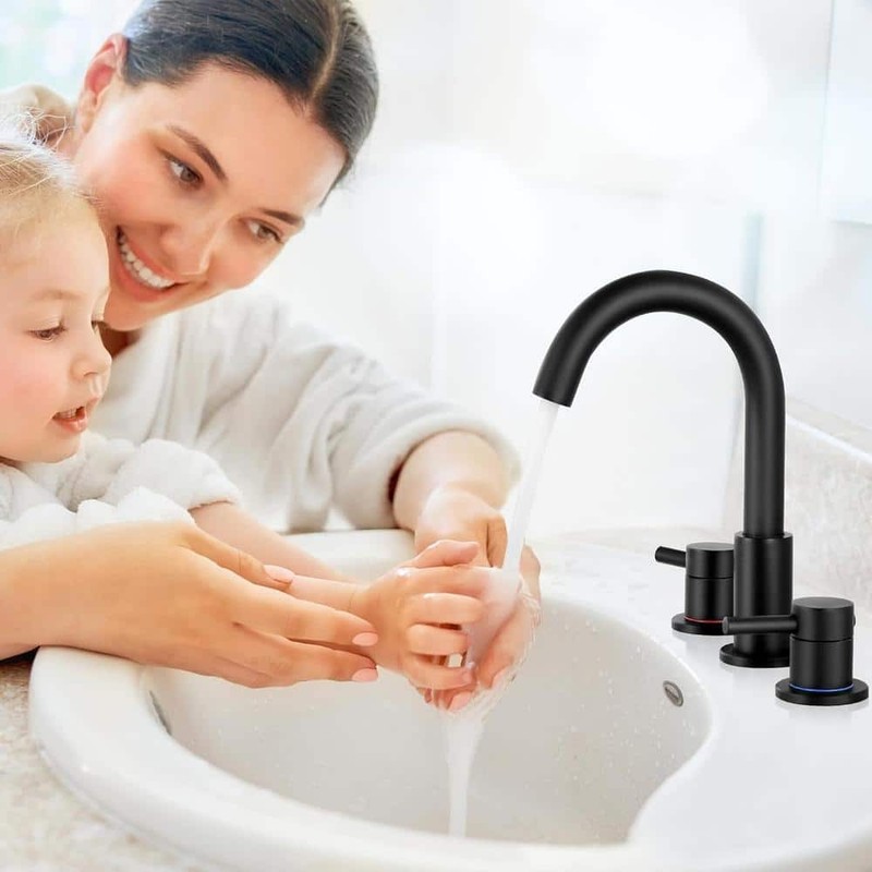 AKLFGN 8 in. Widespread 2-Handle Low Arc Bathroom Faucet W/Pop drain Matte Black - Image 4