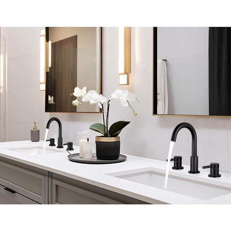 AKLFGN 8 in. Widespread 2-Handle Low Arc Bathroom Faucet W/Pop drain Matte Black - Image 5