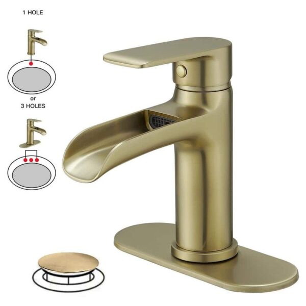 BWE Brushed Gold Waterfall Single Handle Single Hole Bathroom Faucet Modern