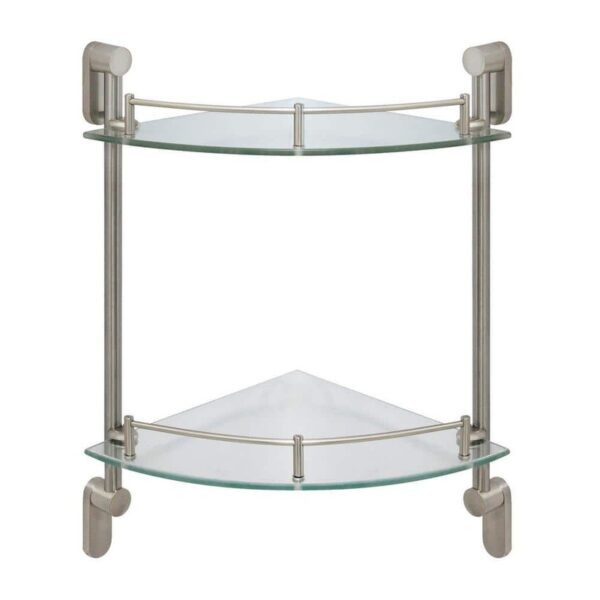 MODONA Oval 10.5" W Double Glass Corner Shelf w/Pre-Installed Rails Satin Nickel