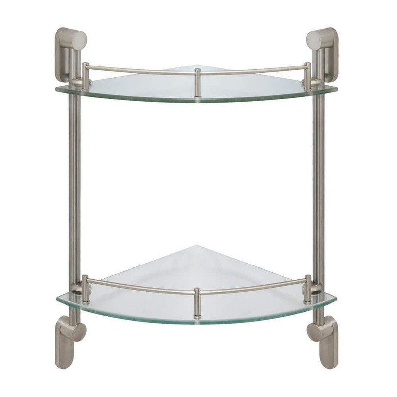MODONA Oval 10.5" W Double Glass Corner Shelf w/Pre-Installed Rails Satin Nickel