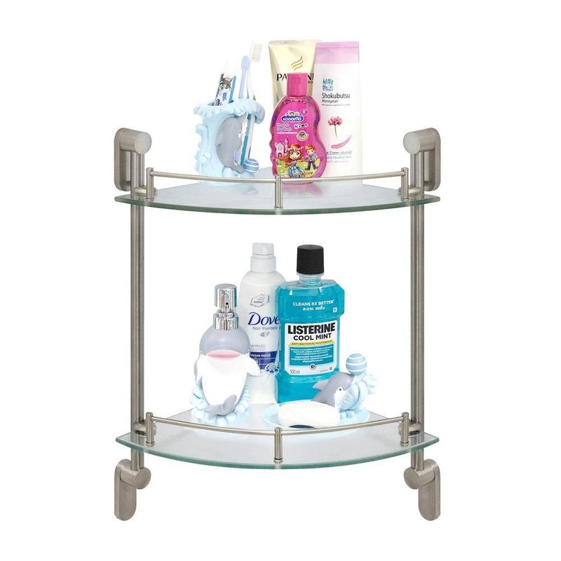 MODONA Oval 10.5" W Double Glass Corner Shelf w/Pre-Installed Rails Satin Nickel - Image 2