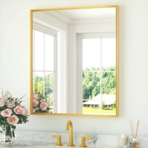 KeonJinn 30" W x 36" H Rectangle Aluminum Wall Bathroom Vanity Mirror in Gold