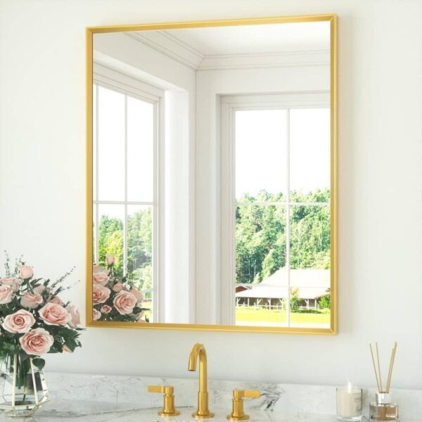 KeonJinn 30" W x 36" H Rectangle Aluminum Wall Bathroom Vanity Mirror in Gold