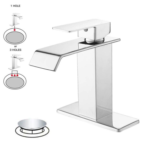 BWE Single Hole Single-Handle Bathroom Faucet w/Deck Plate & Pop-Up Drain Chrome