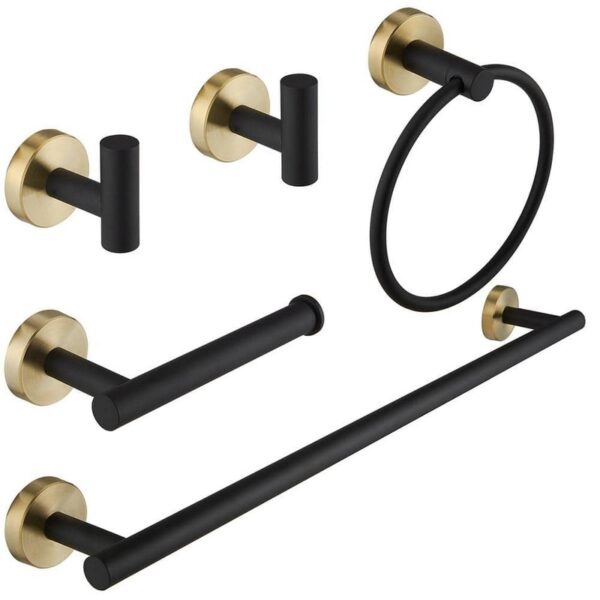 BWE 5-Piece Bath Hardware Set Towel Bar Hook Ring&Toilet Paper Holder Black Gold