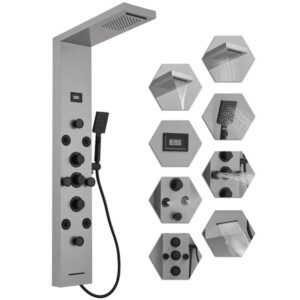 HOMEMYSTIQUE 6-in-1 8Jet Shower Panel Tower Rainfall&Waterfall Head Black Nickel
