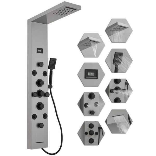 HOMEMYSTIQUE 6-in-1 8Jet Shower Panel Tower Rainfall&Waterfall Head Black Nickel