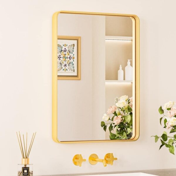 KeonJinn 16"x24" Rectangular Aluminum Framed Bathroom Vanity Mirror Brushed Gold