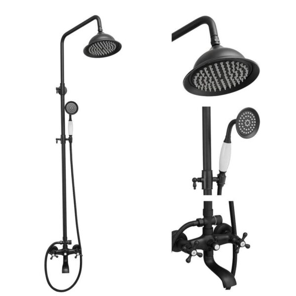 BWE 3-Spray Wall Bar Shower Kit Rainfall Head Tub Spout Adj Height Matte Black