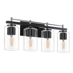 HKMGT Farmhouse 24" 4-Light Chrome Black Bathroom Vanity Light with Glass Shade