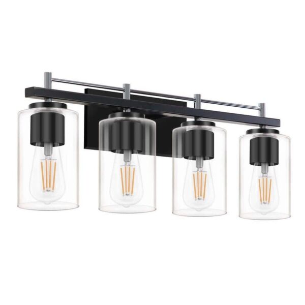 HKMGT Farmhouse 24" 4-Light Chrome Black Bathroom Vanity Light with Glass Shade