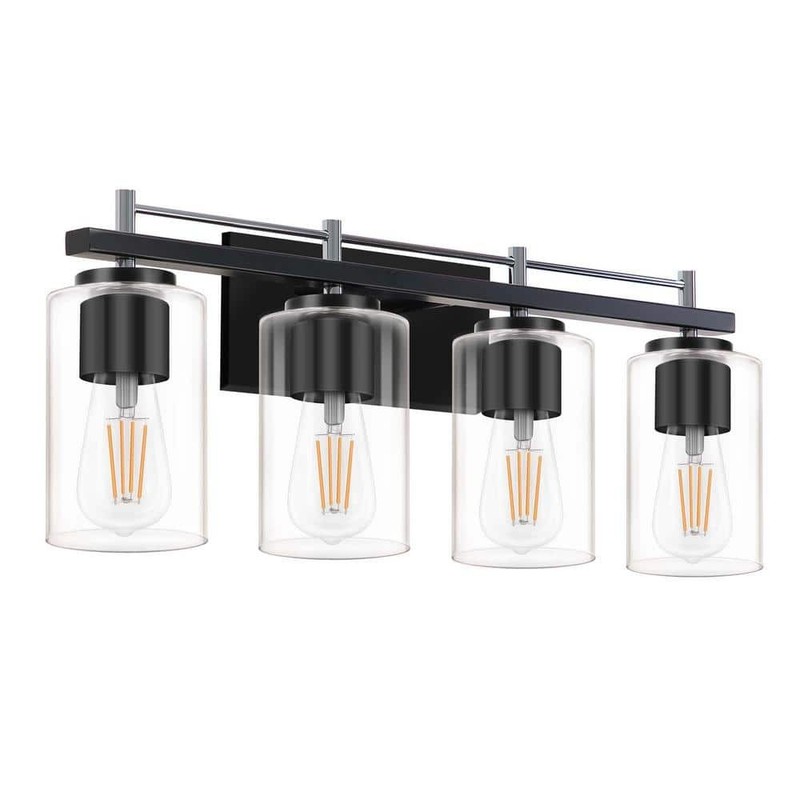 HKMGT Farmhouse 24" 4-Light Chrome Black Bathroom Vanity Light with Glass Shade