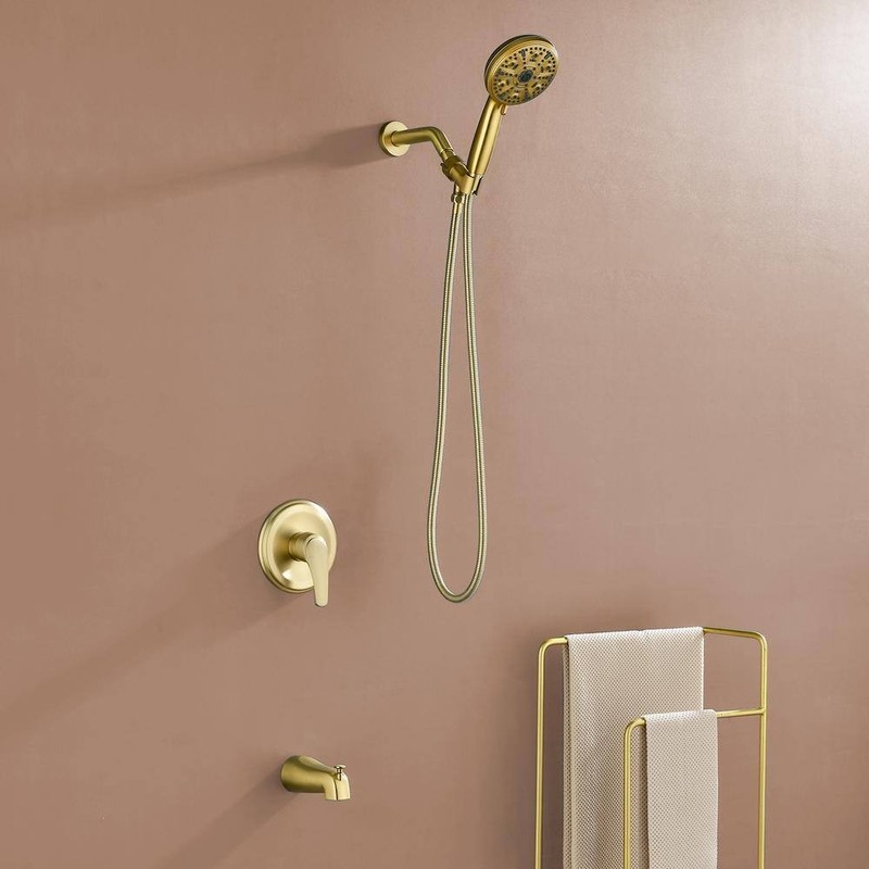 PERLIRIA Single Handle 10-Spray Tub & Shower Faucet Trim Kit w/ Handheld Gold - Image 2