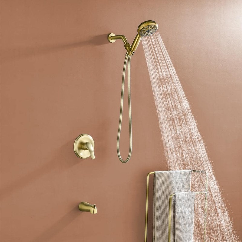 PERLIRIA Single Handle 10-Spray Tub & Shower Faucet Trim Kit w/ Handheld Gold - Image 3