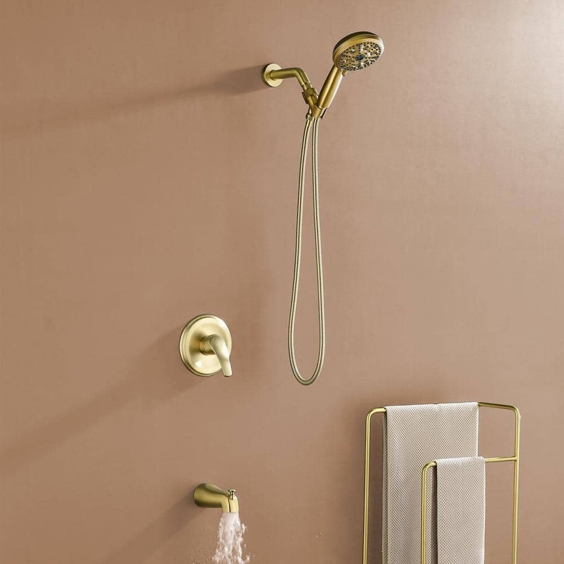 PERLIRIA Single Handle 10-Spray Tub & Shower Faucet Trim Kit w/ Handheld Gold - Image 4