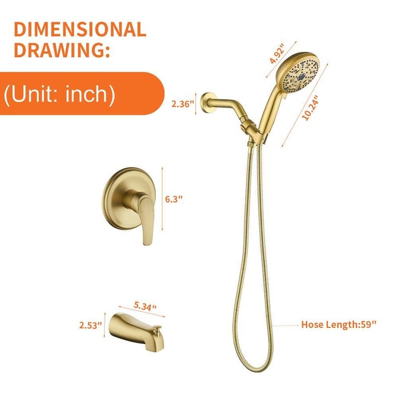 PERLIRIA Single Handle 10-Spray Tub & Shower Faucet Trim Kit w/ Handheld Gold - Image 9