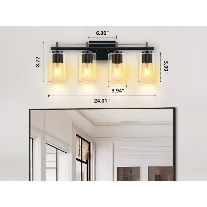 HKMGT Farmhouse 24" 4-Light Chrome Black Bathroom Vanity Light with Glass Shade - Image 3