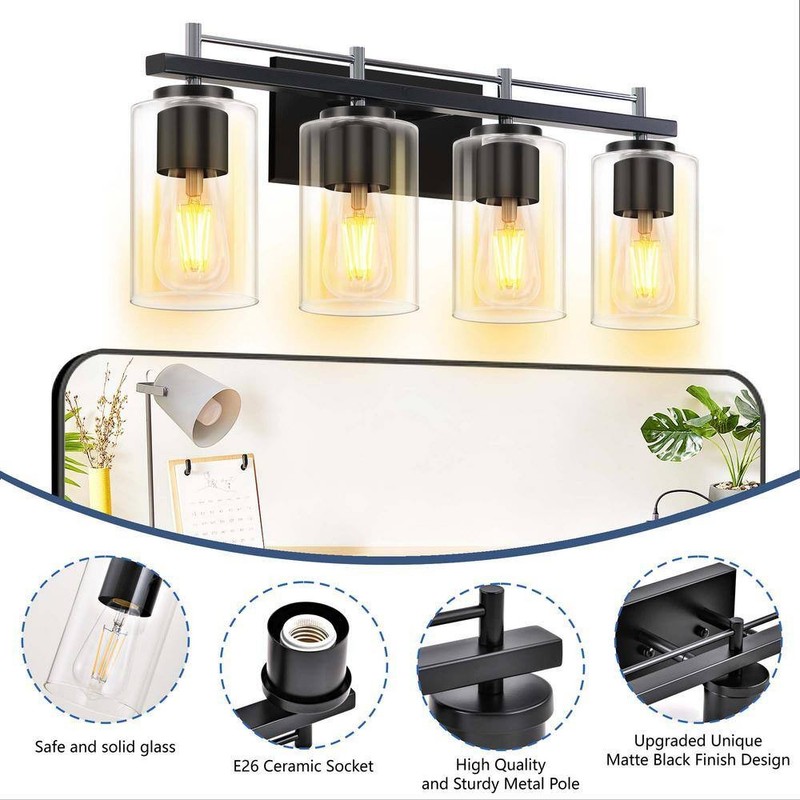 HKMGT Farmhouse 24" 4-Light Chrome Black Bathroom Vanity Light with Glass Shade - Image 4