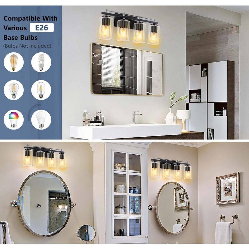 HKMGT Farmhouse 24" 4-Light Chrome Black Bathroom Vanity Light with Glass Shade - Image 5