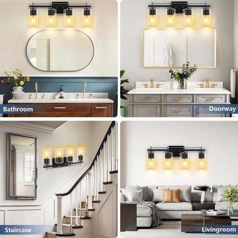 HKMGT Farmhouse 24" 4-Light Chrome Black Bathroom Vanity Light with Glass Shade - Image 7