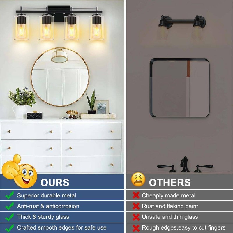 HKMGT Farmhouse 24" 4-Light Chrome Black Bathroom Vanity Light with Glass Shade - Image 8